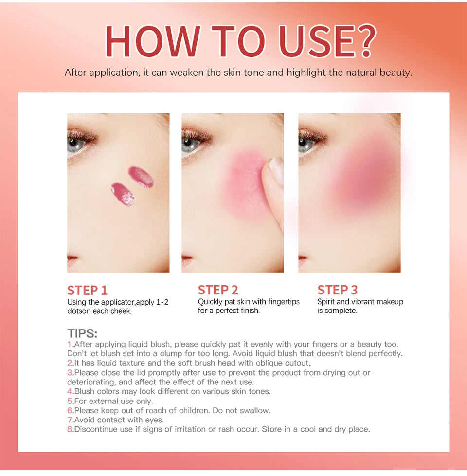 Beauty Liquid Blush Velvet Matte Blusher Face Pigment Lasting Waterproof Natural Cream Cheek Tint Orange Peach Maquiagem 4ml