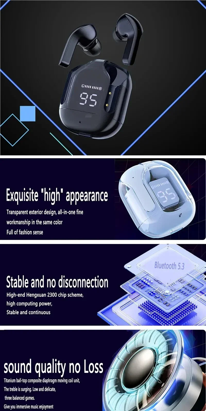 T2 Transparent Wireless Earbuds – LED Display & HiFi Stereo Sound  Futuristic design meets powerful sound.