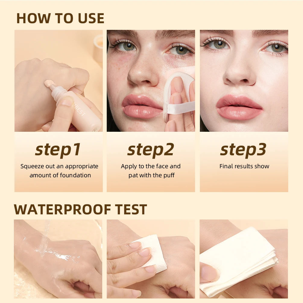 QIBEST Liquid Foundation High Coverage Waterproof Face Concealer Base Cream Lasting Oil-Control Professional Makeup For Women