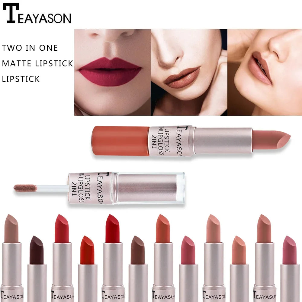 2 In 1 Double Head Lip Gloss Matte Velvet Sexy Red Tint Liquid Lipstick Waterproof Lasting Cosmetic Lip Gloss Makeup Cosmetics