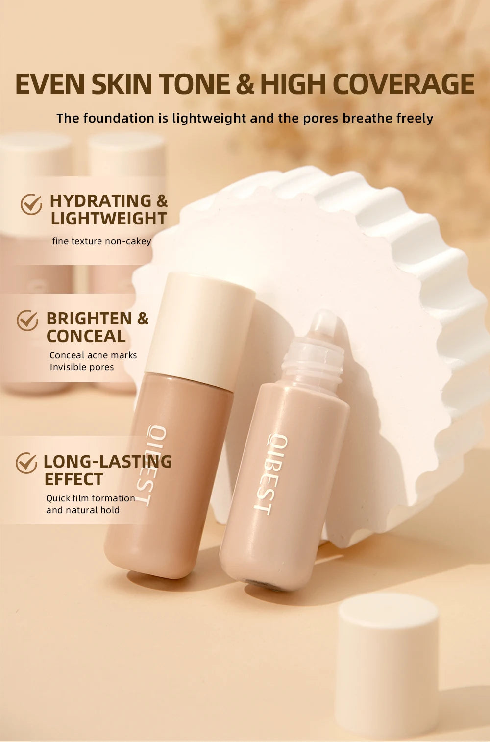 QIBEST Liquid Foundation High Coverage Waterproof Face Concealer Base Cream Lasting Oil-Control Professional Makeup For Women