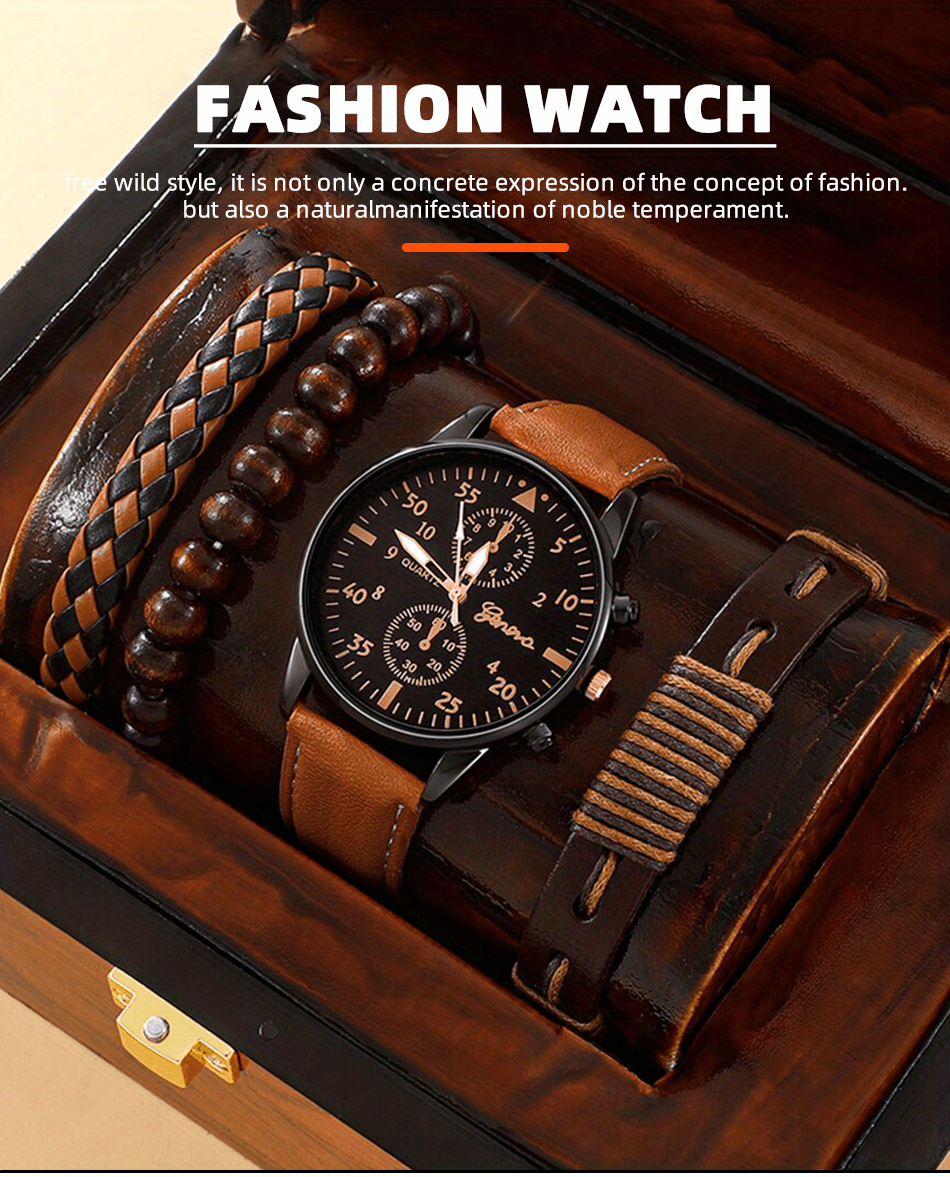 4pcs/set, Fashion Men's Casual Brown Quartz Watch & 3pcs Bracelets, Ideal choice for Gifts