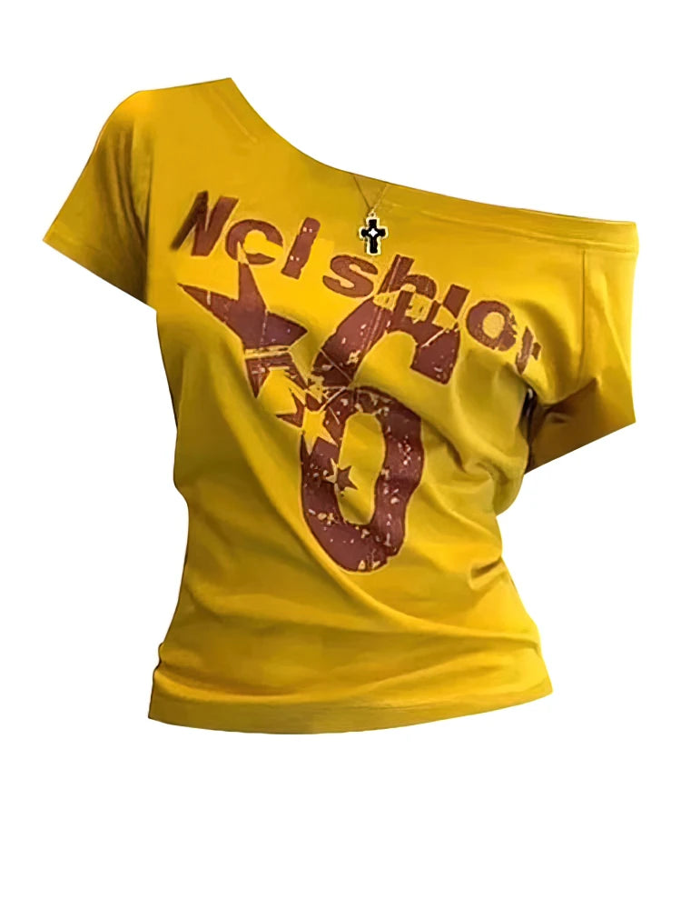 SportMuse Off-Shoulder Tee – Y2K Vintage Crop Top  Sporty edge. Vintage vibe. Effortless confidence.