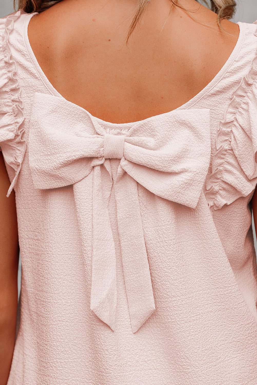 Textured Flutter Sleeve Square Neck Bow Back Dress