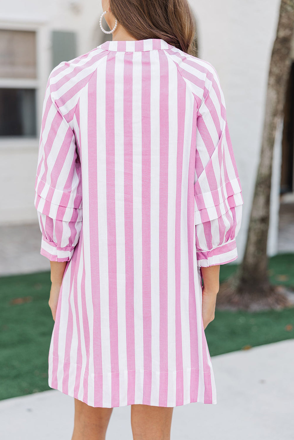 Stripe 3/4 Sleeve Buttoned V-Neck Mini Dress