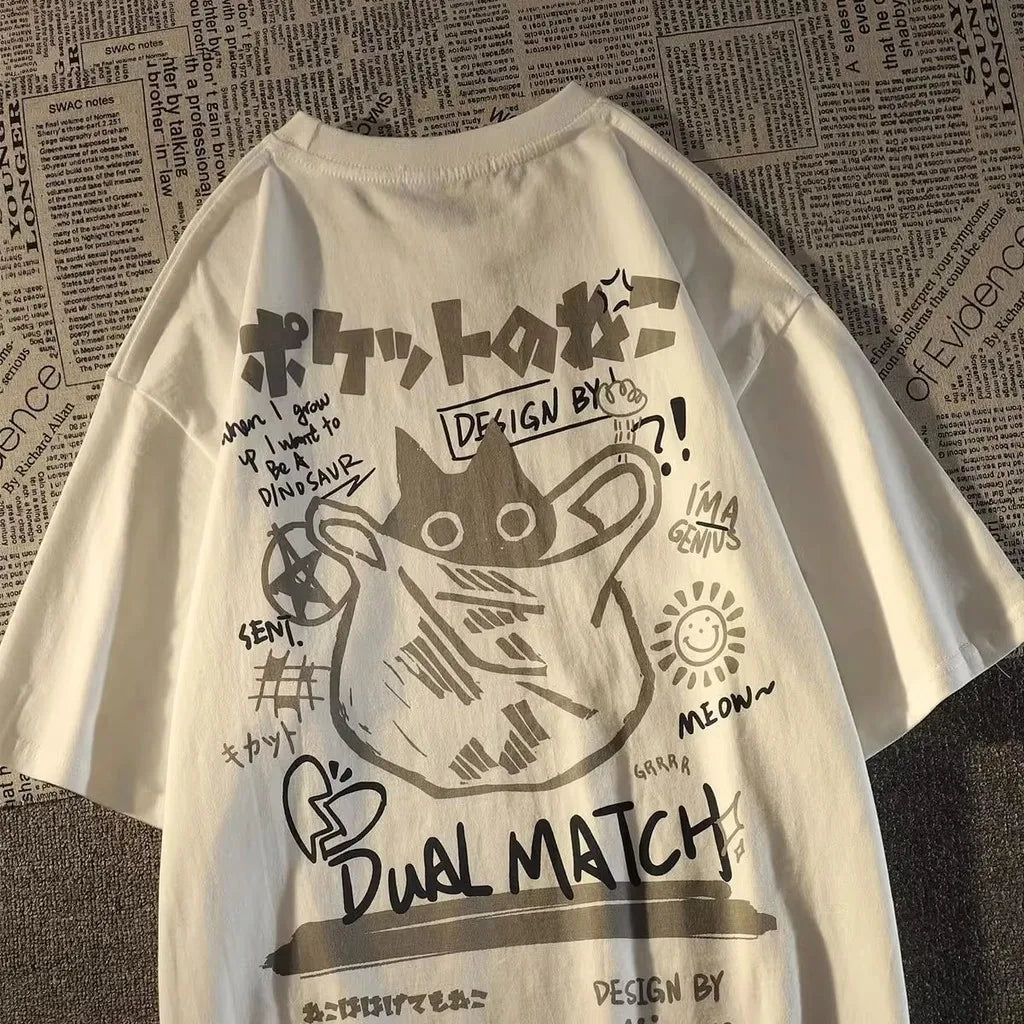 Neko Vibe Oversized Tee – Japanese Retro Cat Print  Cute style. Cozy fit. Everyday vibes.