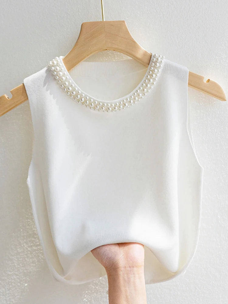 KnitLuxe Beaded Vest – Korean Sleeveless Summer Top  Minimal elegance. Soft texture. Effortless style.
