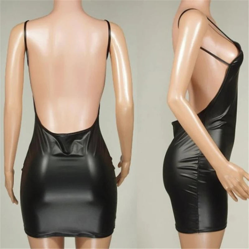 NoirLuxe Latex Mini Dress – Backless Bodycon Party Fit  Daring. Sleek. Unforgettable.