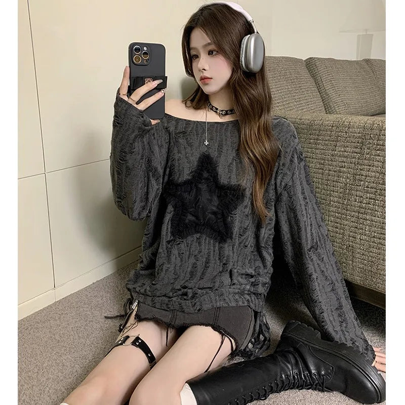 StarCut Y2K Tee – Harajuku Hollow Long Sleeve Top  Edgy cuts. Cute vibes. Streetwear energy.