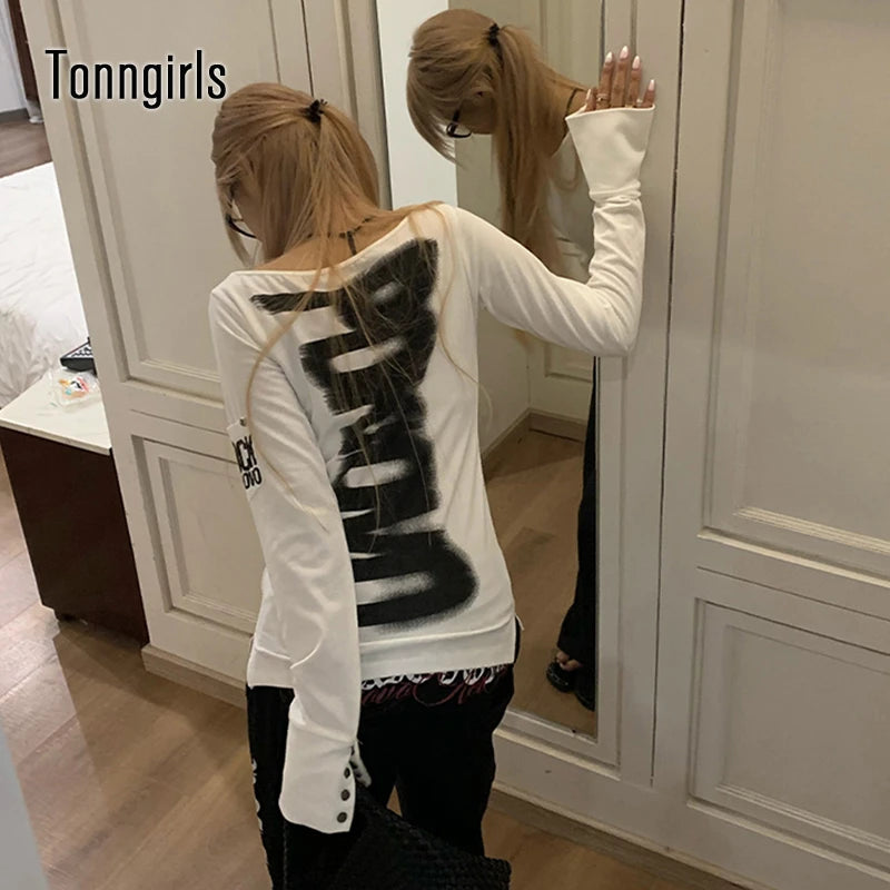 RetroGrunge Button Tee – Y2K Graphic Long Sleeve Top  Vintage attitude. Bold expression. Street-ready style.