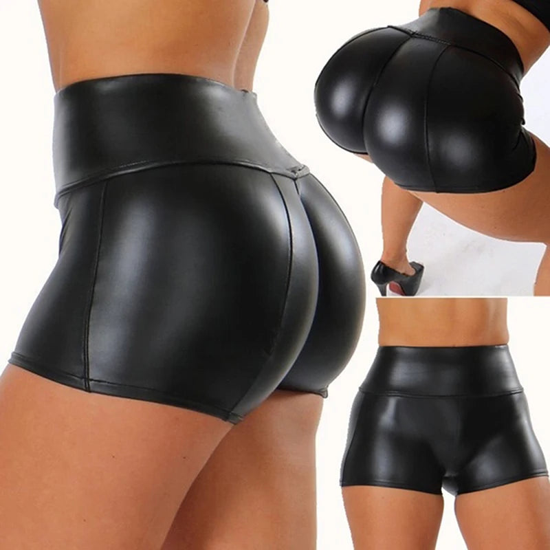 NoirShine Mini Shorts – High-Waist PU Leather Fit  Glossy finish. Sculpted curves. Night-ready energy.