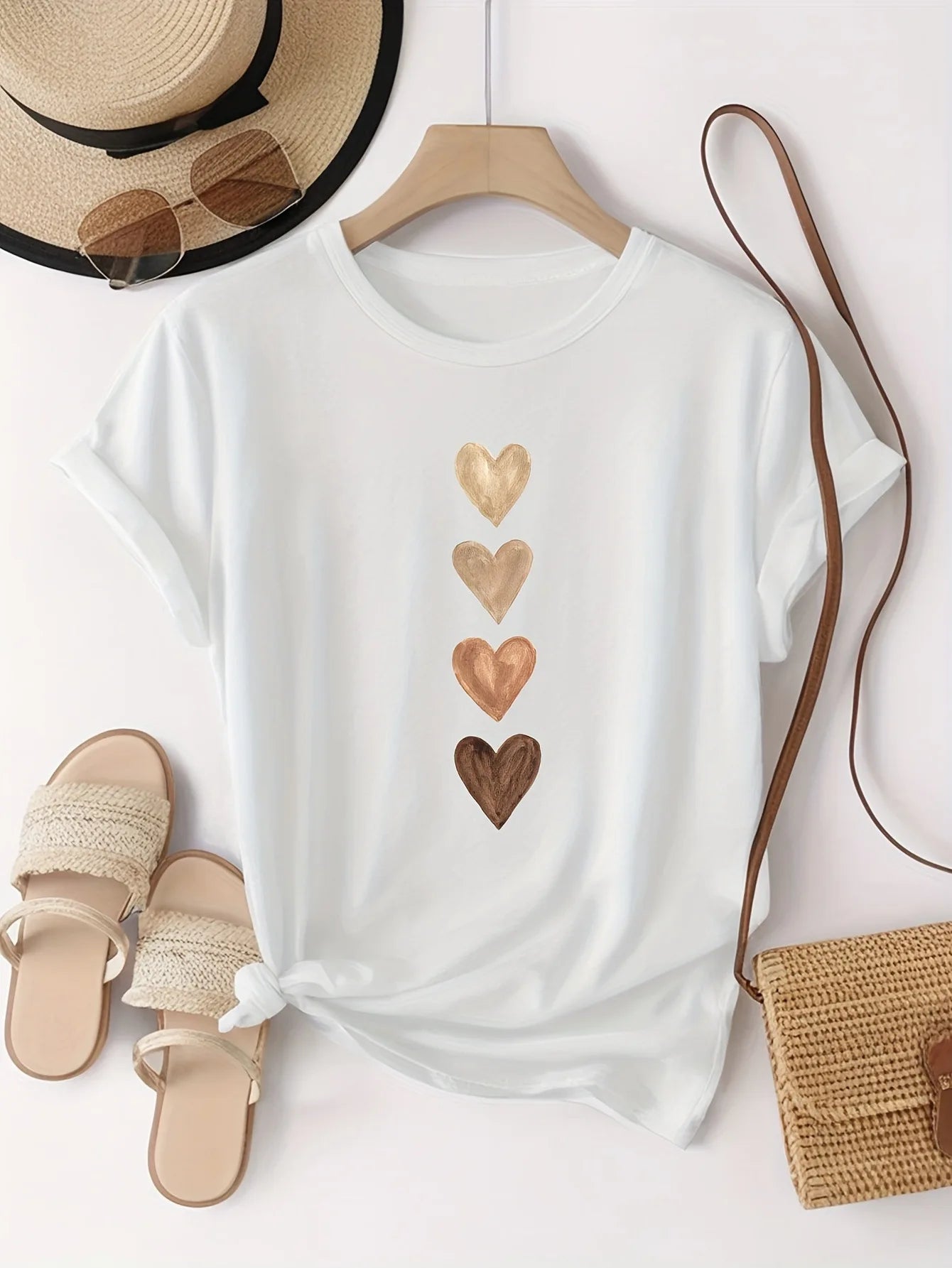 Women's Casual Short Sleeve T-Shirt with Four Heart Graphic Print - Black & Golden, Medium Stretch Round Neck