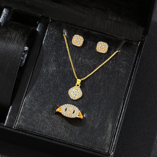 1PC Luxury Cube Jewelry Set, Women's Elegant Necklace, Earrings & Ring Set, Perfect Gift for Valentine's Day, Christmas Gift, Bi