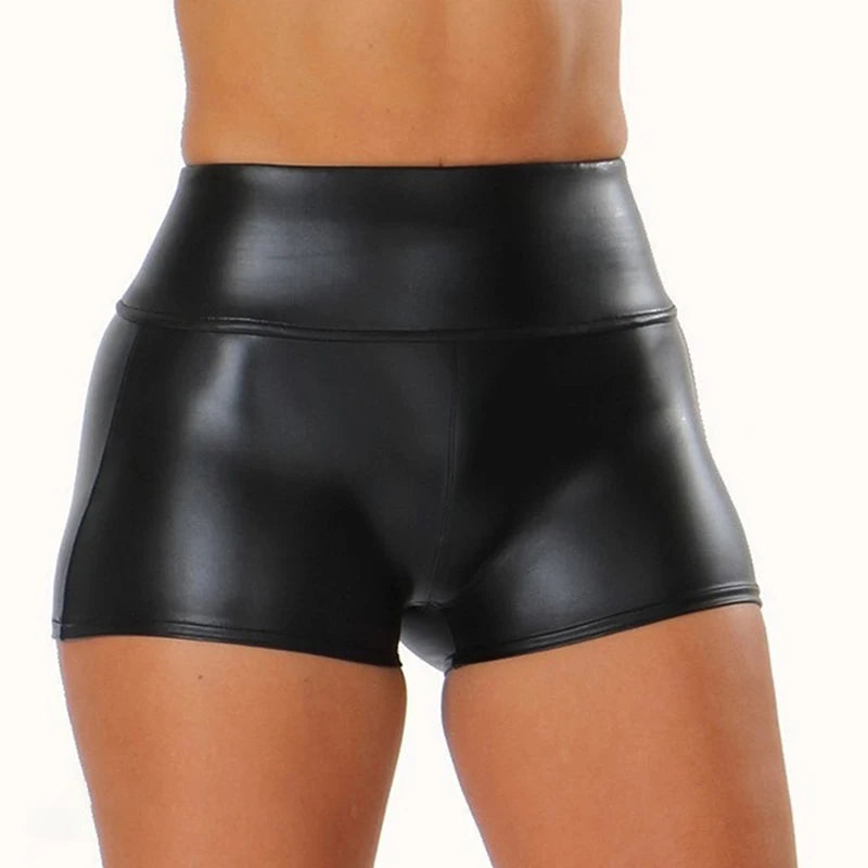 NoirShine Mini Shorts – High-Waist PU Leather Fit  Glossy finish. Sculpted curves. Night-ready energy.
