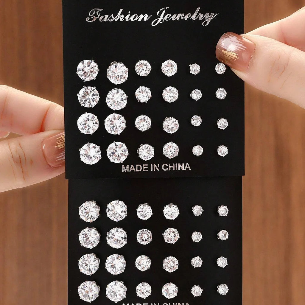 LuxeSpark Earring Set – 12 Pairs Zirconia Collection  Shine daily. Mix your style. Luxury made simple.