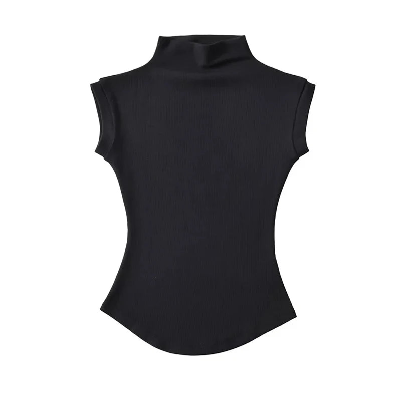 SleekMuse Sleeveless Tee – High Neck Slim Fit Top  Minimal design. Sculpted fit. Effortless style.