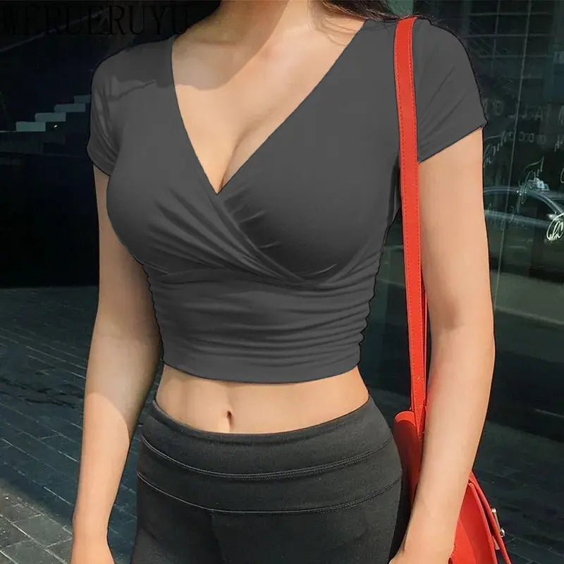 CorsetMuse Crop Tee – V-Neck Sculpt Street Top  Edgy structure. Feminine shape. Street-ready style.