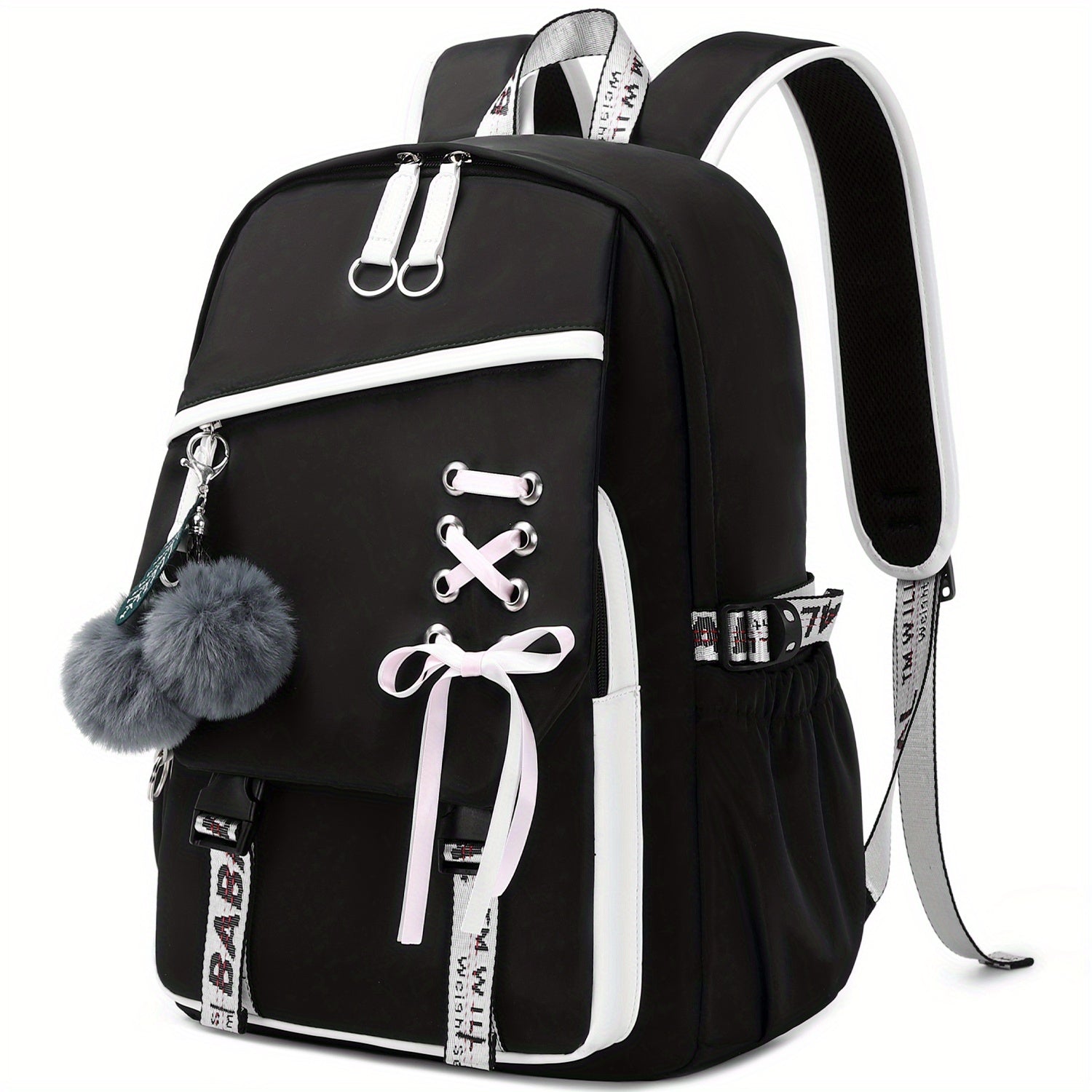 1pc Girl School Backpack With Two Small Plush Ball, Fashionable Contrast Color Bag With Letter Pattern Strap, Casual Backpack, Laptop Notebook Bag, With Breathable Shoulder Strap