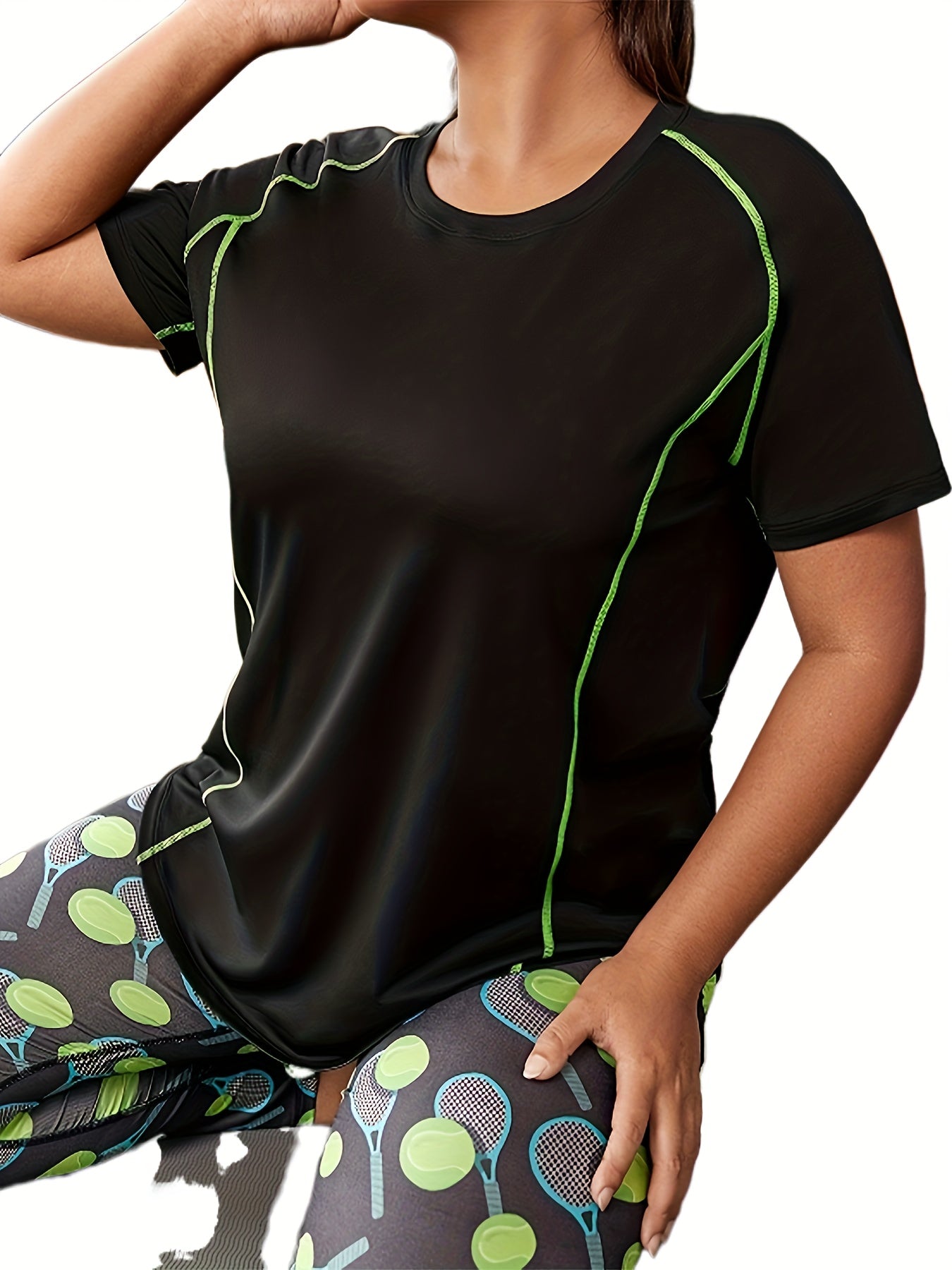 Plus Size Sports Top, Women's Plus Stitching Short Sleeve Round Neck High Stretch Fitness Tee