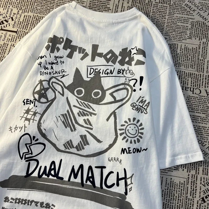 Neko Vibe Oversized Tee – Japanese Retro Cat Print  Cute style. Cozy fit. Everyday vibes.