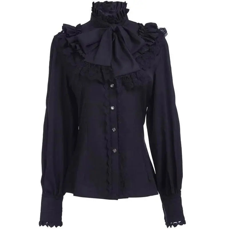 NoirVicta Gothic Blouse – Victorian Ruffle High Collar Top  Dark elegance with timeless vintage charm.