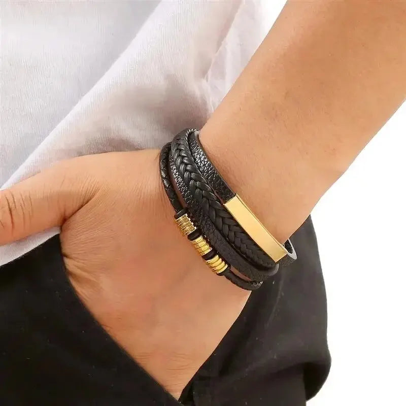Wave Lock Bracelet – Multi-Layer Leather Charm Band  Layered style. Strong detail. Street-ready edge.